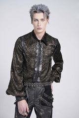 Black Lapel Collar Long Puff Sleeves Faux Leather Stitching Men's Gothic Blouse with Chain - Product - 3
