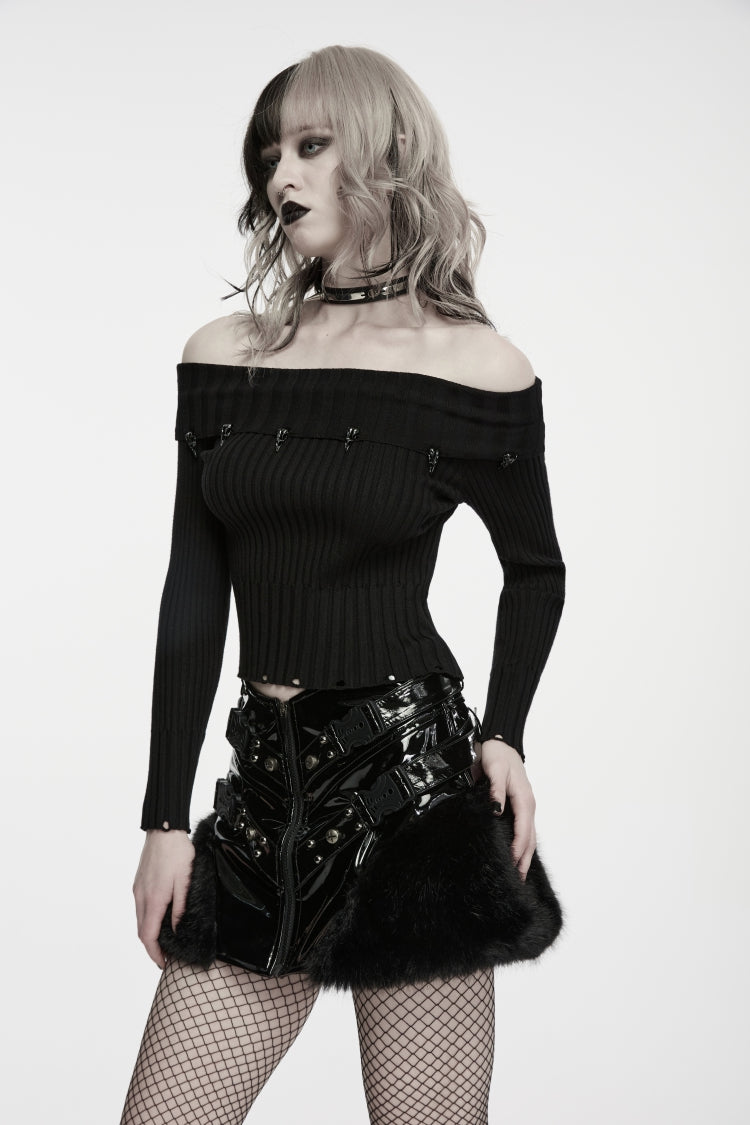 Black Off Shoulder Long Sleeves Women's Punk Ribbed  Sweater - Product - 9