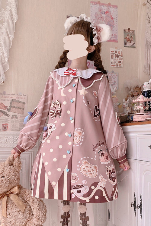 Pink Doll Lapel Collar Single Breasted Lantern Long Sleeves Bear Print Sweet Lolita OP Dress - Product - 2