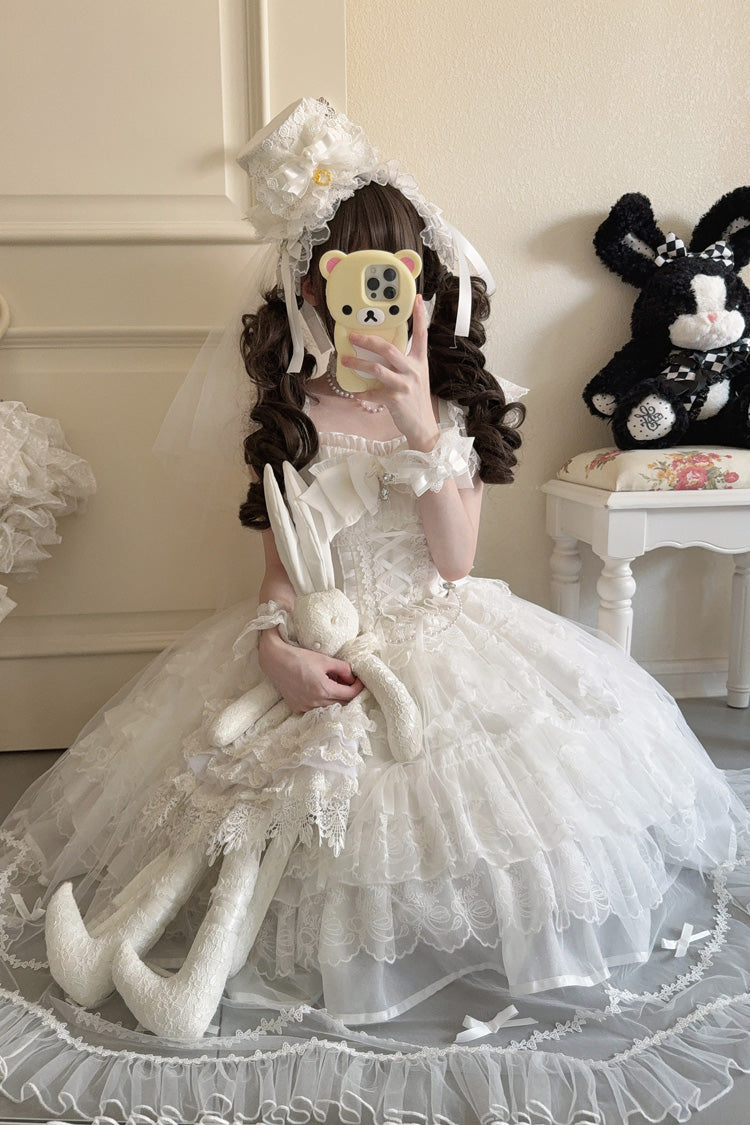 White [Eternal Vow] Sleeveless Multi-Layered Ruffle Hanayome Bowknot Lace Lace-Up Sweet Lolita Jsk Dress - Product - 7