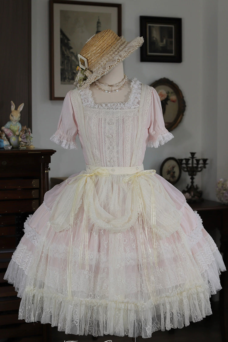 Pink [Vintage Ball 3.0] Square Collar Short Sleeves Lace Pearl Detail Sweet Lolita Dress - Product - 4