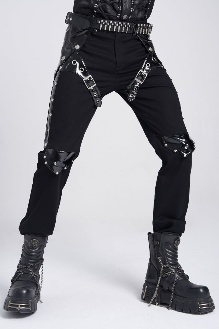 Black Armor Patent Leather Stitching Men's Punk Pants - Product - 7