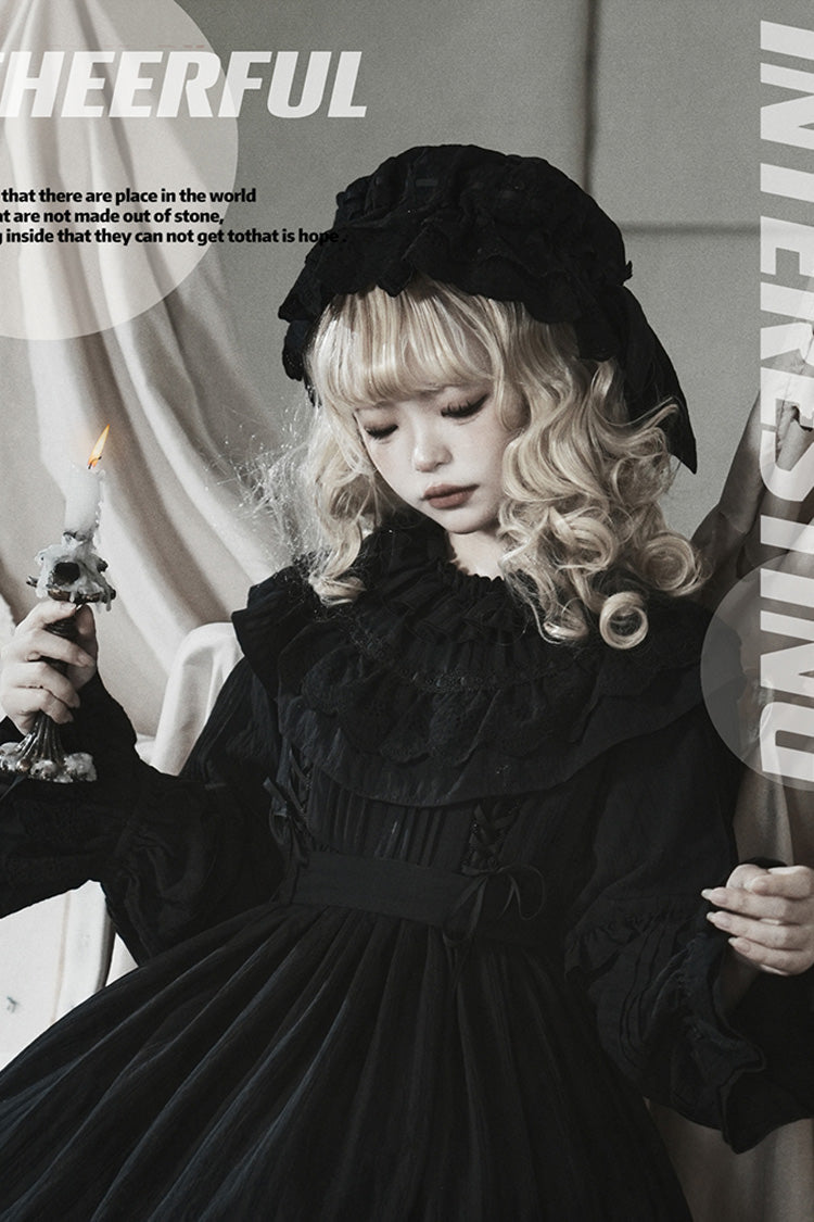 Black [Good Night] Long Sleeves Double-Layered Ruffle Bowknot Lace-Up Holy Gothic Lolita Dress - Product - 6