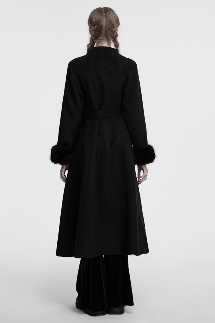 Black Long Sleeves Studded Floral Embroidery Faux Fur Stitching Women's Gothic Coat - Product - 3