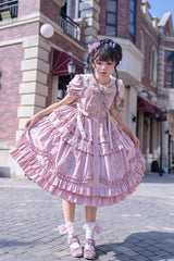 Pink Doll Collar Short Sleeves Iris Poem Print Ruffle Embroidery Sweet Lolita Dress - Product - 10