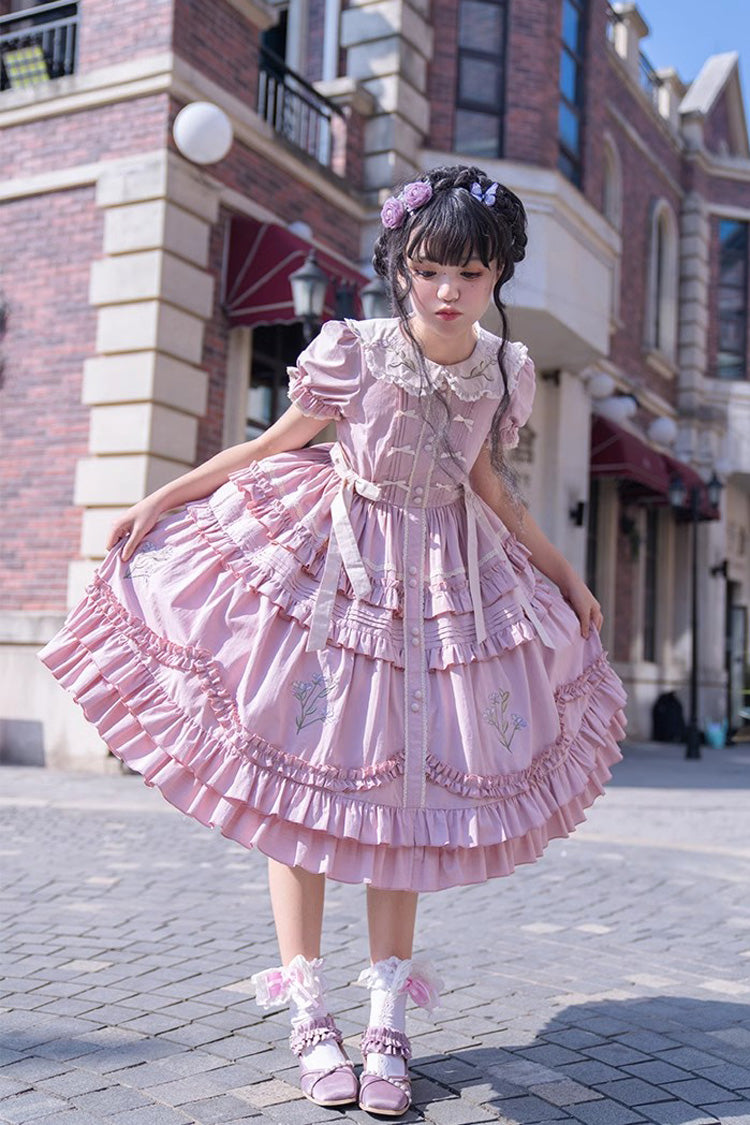 Pink Doll Collar Short Sleeves Iris Poem Print Ruffle Embroidery Sweet Lolita Dress - Product - 10