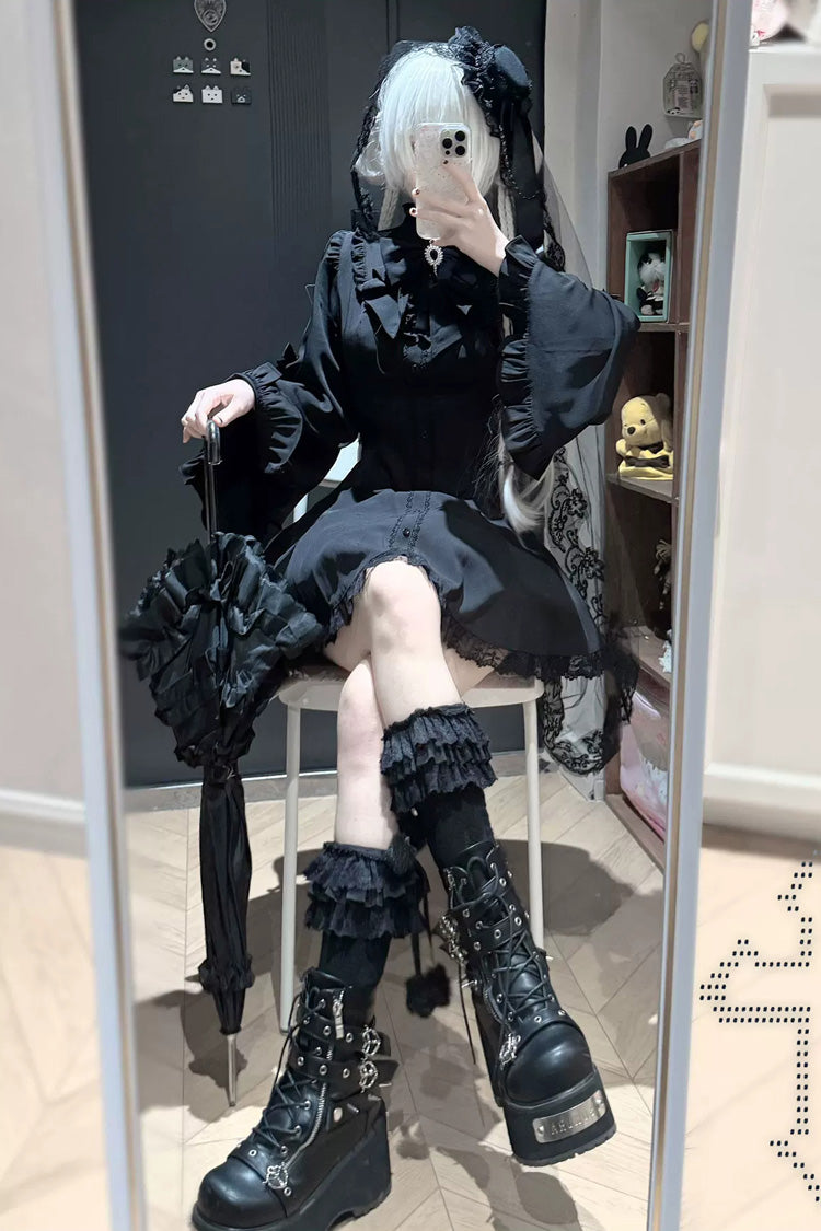 Jirai Kei Stand Collar Long Trumpet Sleeves Ruffled Bow Lace Japanese Dress 4 Colors - Black - 4
