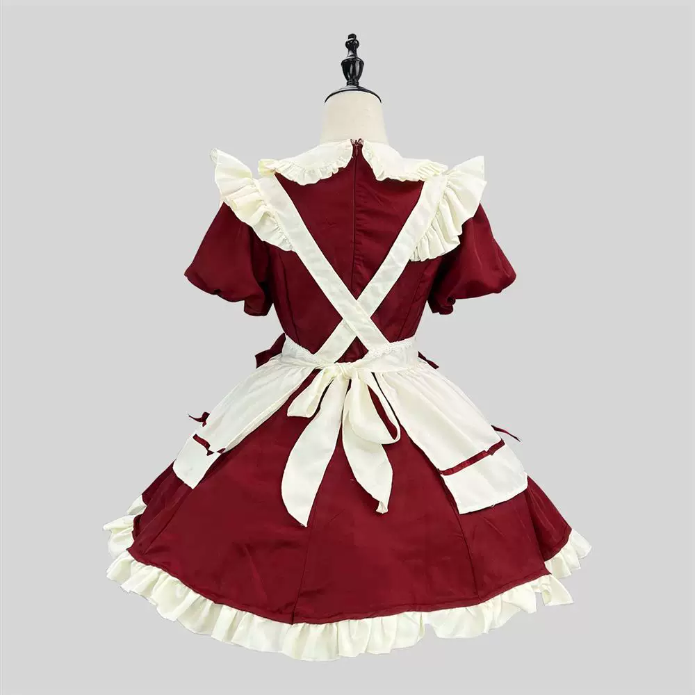 Burgundy and White Lace Gothic Maid Lolita Dress Set with Bell Bows - view 2