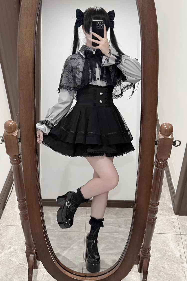 [Law of Disorder] Lapel Collar Long Sleeves Bow Lace Sweet Jirai Kei Skirt and Top 3 Colors - Product - 14