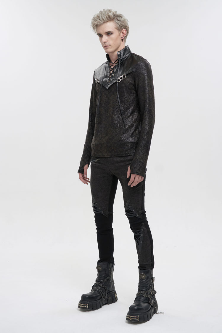 Black Stand Collar Long Sleeves Faux Leather Splice Men's Gothic Shirt - Product - 3