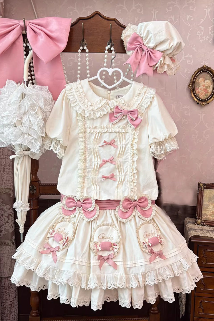 Apricot [Candy Paradise] Doll Collar Short Sleeves Double-Layered Ruffled Bow Sweet Lolita OP Dress - Product - 5