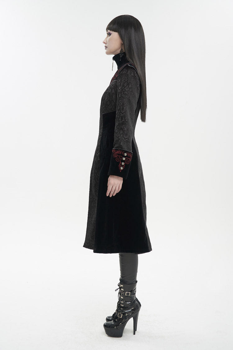 Black Jacquard Studded Mushroom Buckle Metal Cross Embroidered Women's Gothic Coat - Product - 6