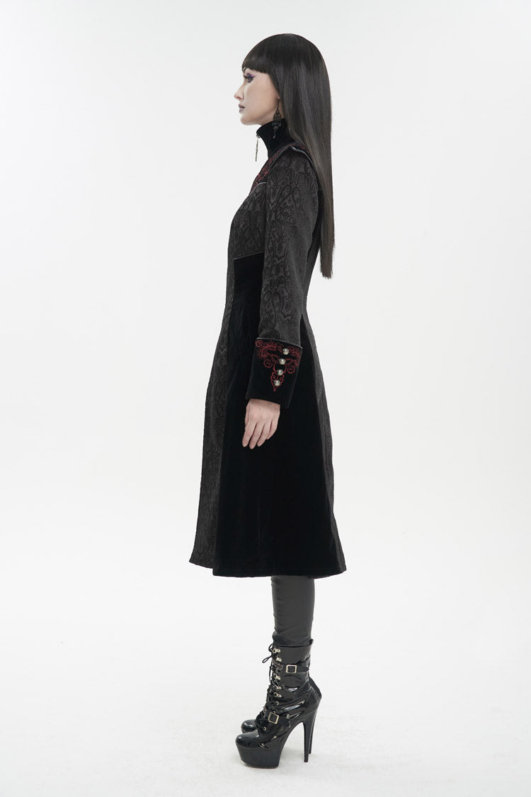 Black Jacquard Studded Mushroom Buckle Metal Cross Embroidered Women's Gothic Coat - Product - 6