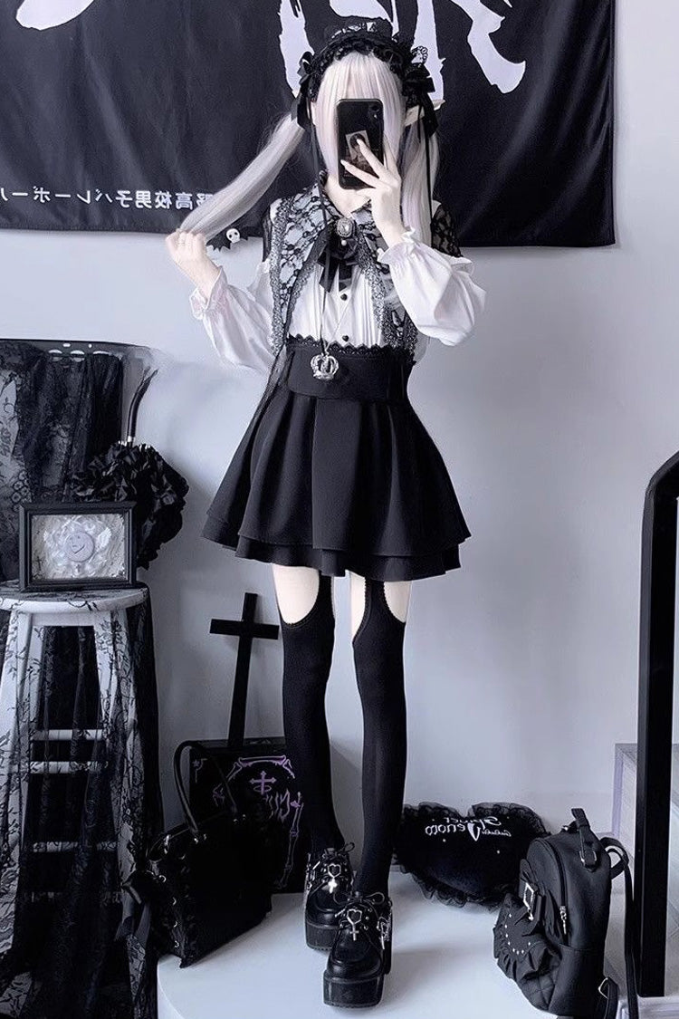 Sweet Jirai Kei Long Puff Sleeves Ruffle Bowknot Lace Skirt Blouse Set 2 Colors - White/Black - 2