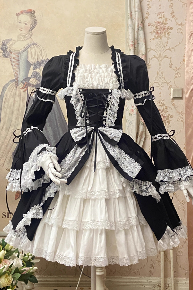 [Miss Rella] Short Sleeves Multi-Layered Ruffle Cardigan Bowknot Lace-Up Sweet Lolita Dress 9 Colors - Black/White - 1
