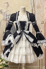 [Miss Rella] Short Sleeves Multi-Layered Ruffle Cardigan Bowknot Lace-Up Sweet Lolita Dress 9 Colors - Black/White - 1