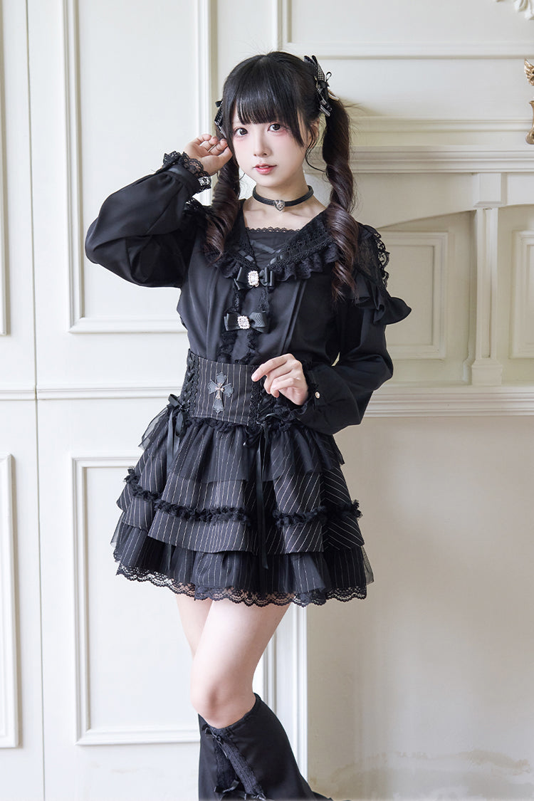 Jirai Kei Navy Collar Long Sleeves Bowknot Lace Sweet Japanese Blouse 3 Colors - Product - 13
