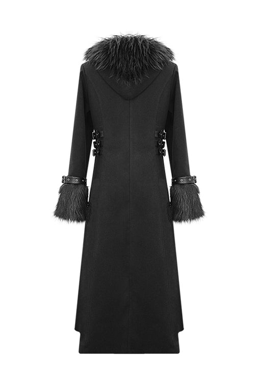 Black Double Sided Woollen Hooded Punk Mens Long Coat - Product - 7