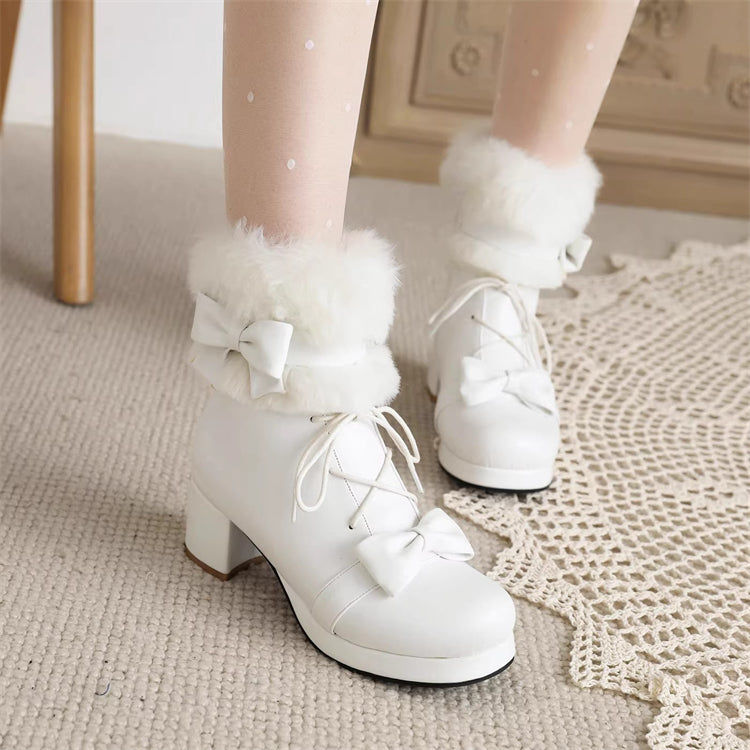 Sweet Fleece-Lined Thickened Bow Lace-Up Lolita Ankle Snow Boots 2 Colors - White - 1