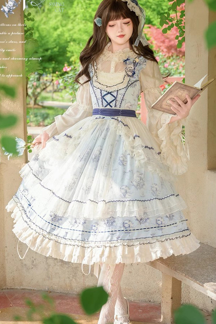 Blue [Swing Cat] Print Ruffle Bowknot Lace Sweet Elegant Lolita Jsk Dress - Blue - 1
