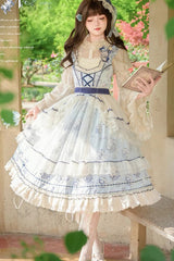 Blue [Swing Cat] Print Ruffle Bowknot Lace Sweet Elegant Lolita Jsk Dress - Blue - 1