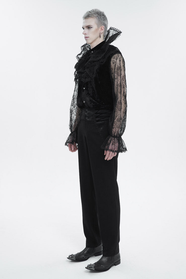 Black Lotus Leaf Stand Collar Semitransparent Lace Long Sleeved Men's Gothic Shirt - Product - 3