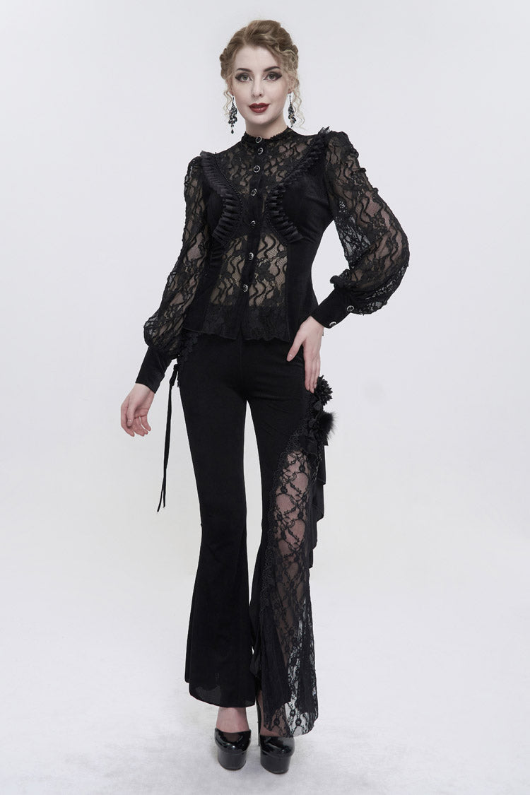 Black Velvet High Neck Lace Fake Bra Design Splicing Three-Dimensional Butterfly Mesh Women's Gothic Shirt - Product - 5