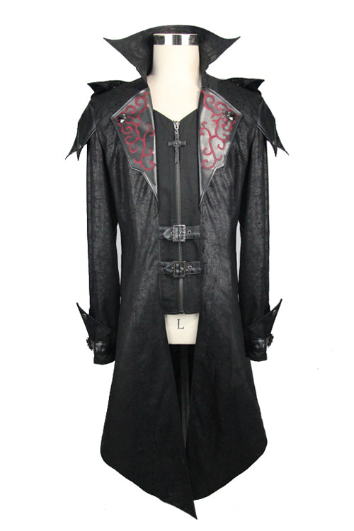 False Two Pieces Black Hooded Leather Long Mens Gothic Coats - Product - 5