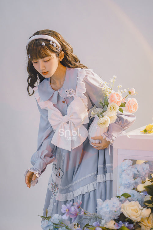 Blue Doll Collar Single Breasted Princess Sleeves High Waist Magic Playing Cards Sweet Lolita OP Dress - Product - 6