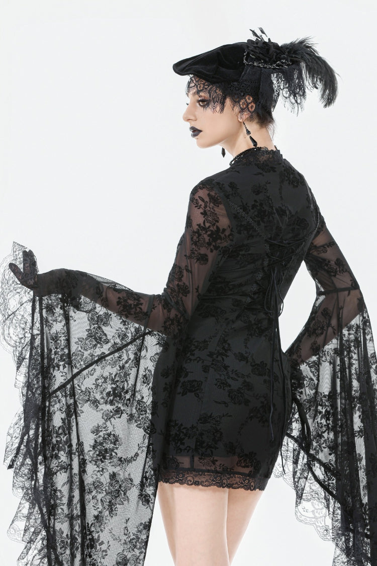 Black Square Collar Long Trumpet Sleeves Mesh Embroidered Lace Lace-Up Women's Gothic Dress - Product - 5