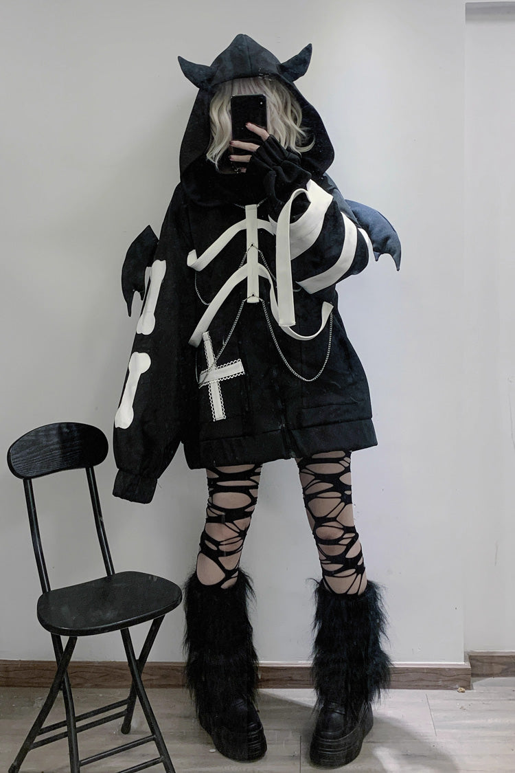 Black Devil Wings Long Sleeves Yabi Chain Bones Hooded Gothic Jirai Kei Coat - Black - 1