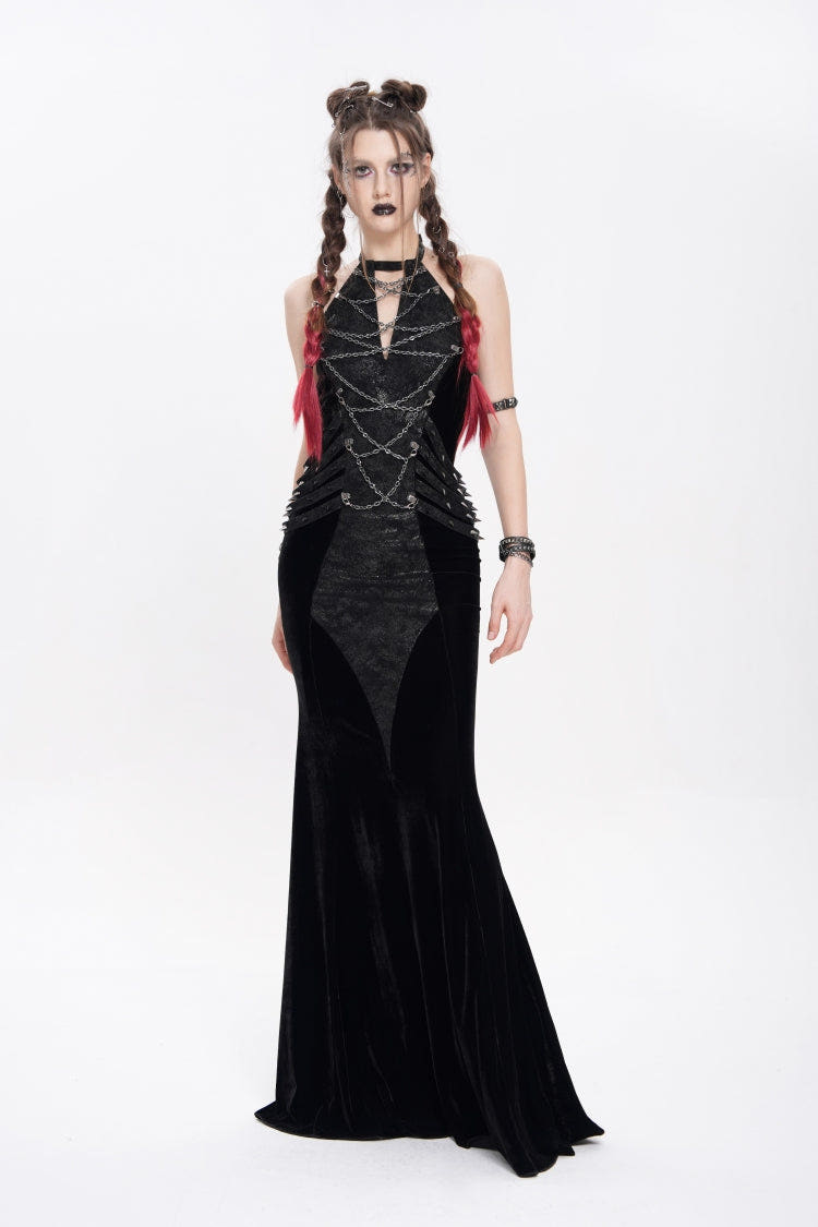 Black Halterneck Sleeveless Rivet Straps Chain Women's Punk Dress - Black - 1