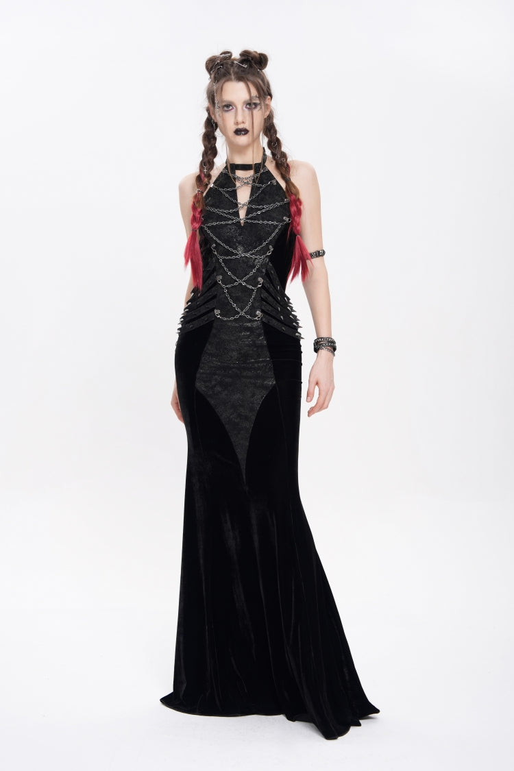 Black Halterneck Sleeveless Rivet Straps Chain Women's Punk Dress - Black - 1