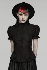 Black Stand Collar Short Puff Sleeves Ruffled Lace-Up Women's Gothic Blouse - Black - 1
