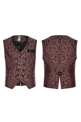 Red Punk Gorgeous V Neck Asymmetrical Relief Sculpture Jacquard Double Row Hand Seam Button Men's Vest - Product - 5