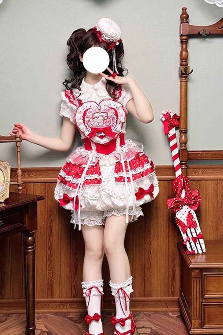 Red/White [Twin Bears] Birthday Cake Sleeveless Print Ruffle Bowknot Lace Sweet Lolita Small Flower Bud Dress - Product - 7
