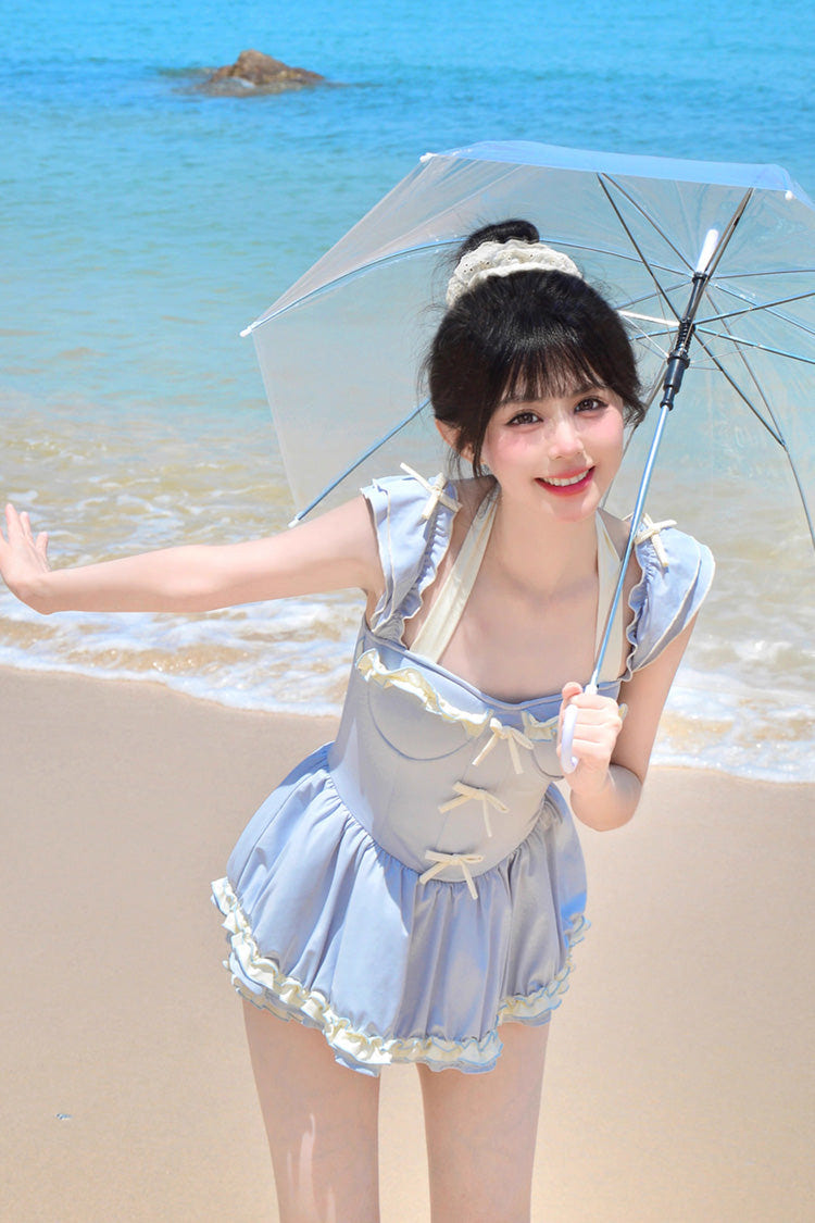 Blue Halterneck Ruffle Bowknot Sweet College Style Lolita One-piece Swimsuit - Product - 4