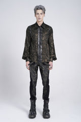 Black Lapel Collar Long Puff Sleeves Faux Leather Stitching Men's Gothic Blouse with Chain - Product - 7