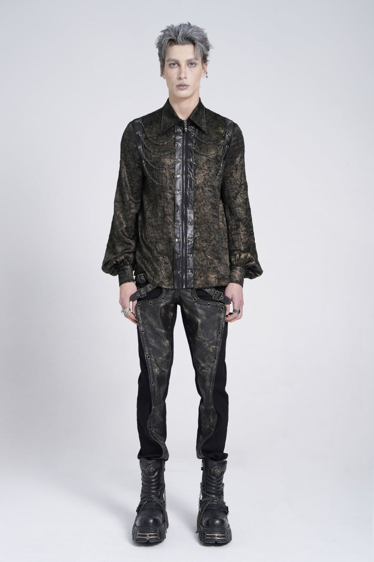 Black Lapel Collar Long Puff Sleeves Faux Leather Stitching Men's Gothic Blouse with Chain - Product - 7