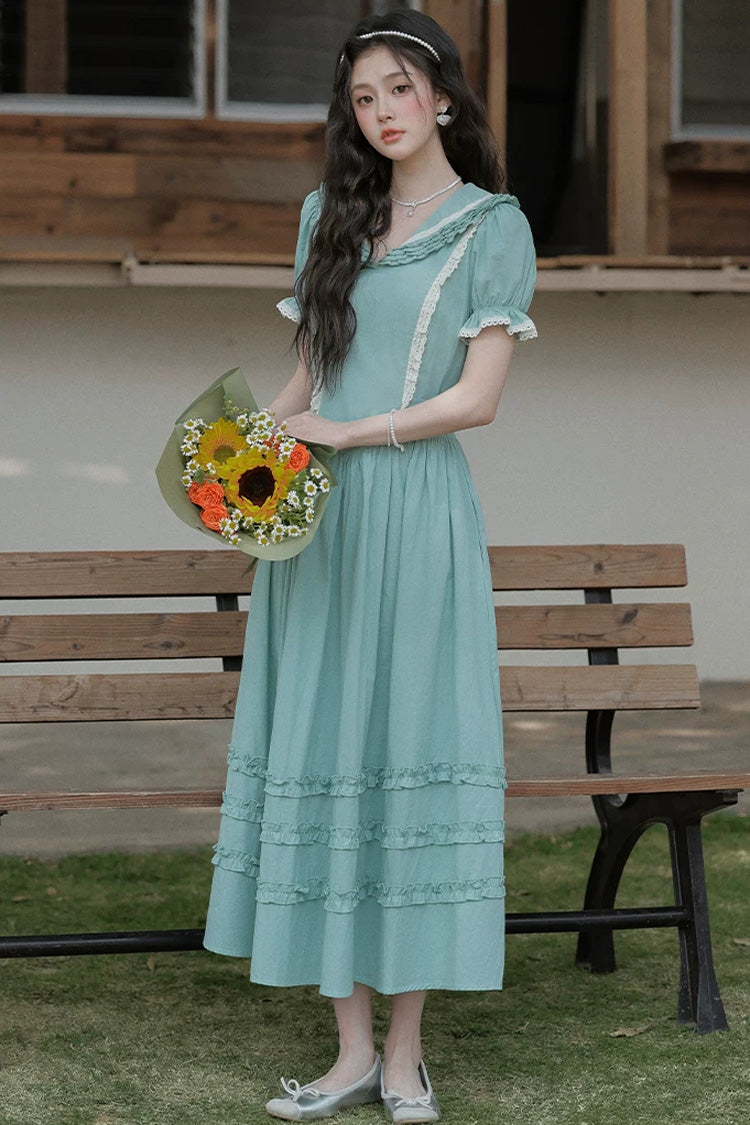 Lake Blue V Collar Short Puff Sleeves Ruffled Lace Sweet College Style Lolita Dress - Product - 2