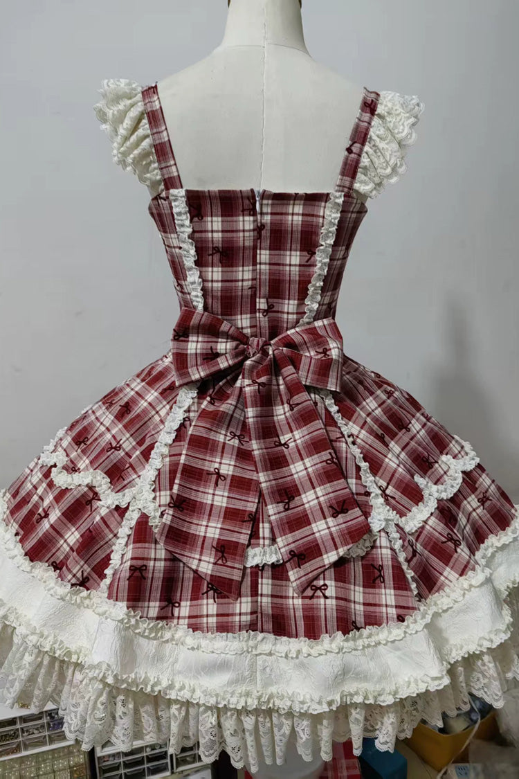 Red Square Collar Sleeveless Plaid Printed Bow Spliced Lace Sweet Lolita Jsk Dress Set - Product - 5