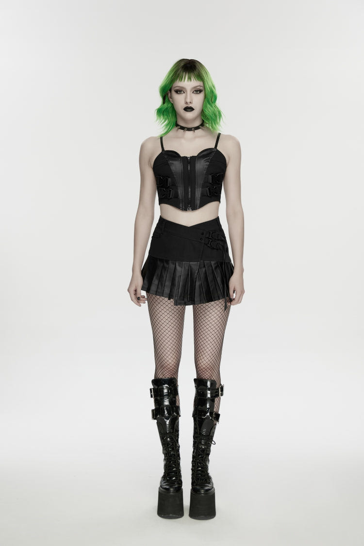 Black Asymmetric Buckled Pleated Women's Punk Skirt - Black - 1