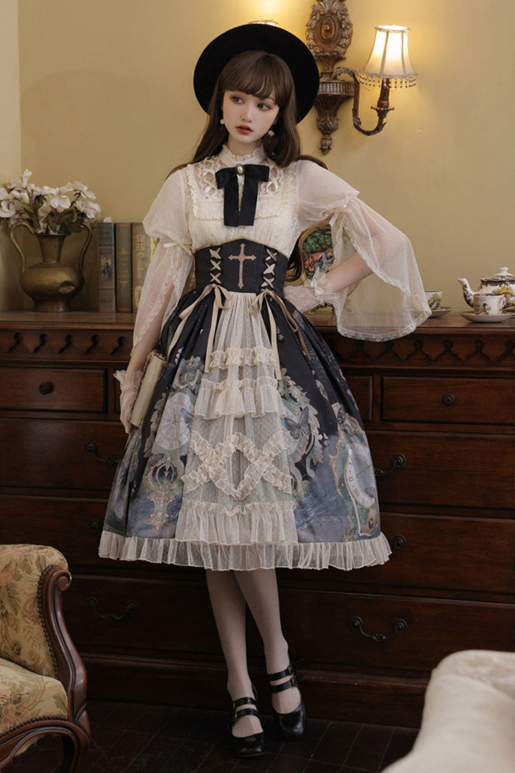 Multi-Color Cardigan Lace Ruffle Clock Butterfly Print Classic Lolita Skirt Set - Product - 2