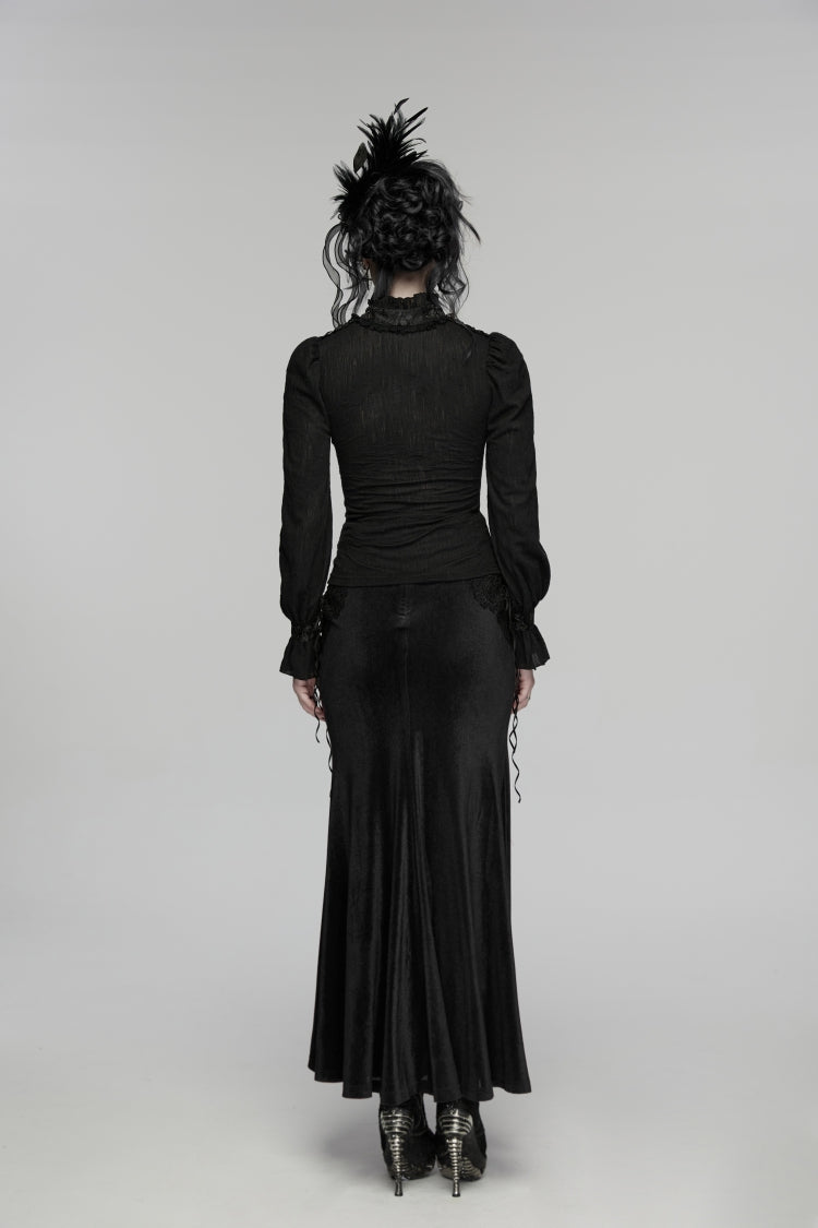 Black Stand Collar Long Sleeves Lace Lace-Up Slim Women's Gothic Blouse - Product - 4