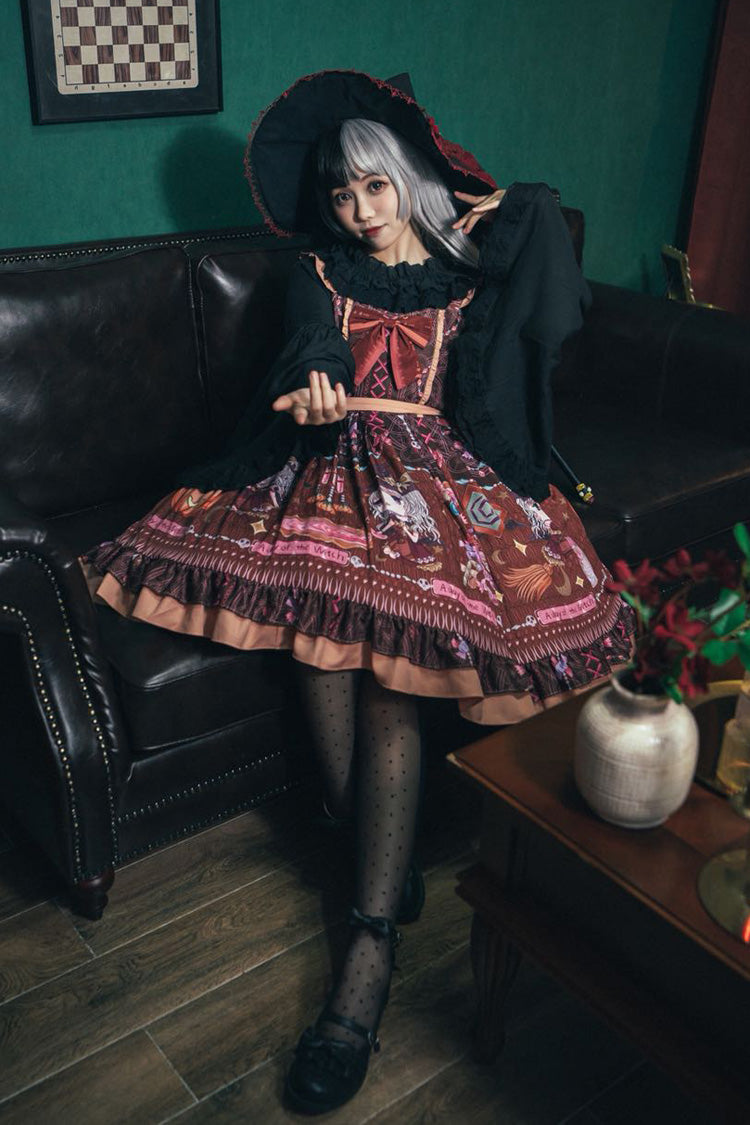 Brown [Little Witch] Sleeveless Print Ruffle Bowknot Sweet Elegant Lolita Jsk Dress - Product - 2