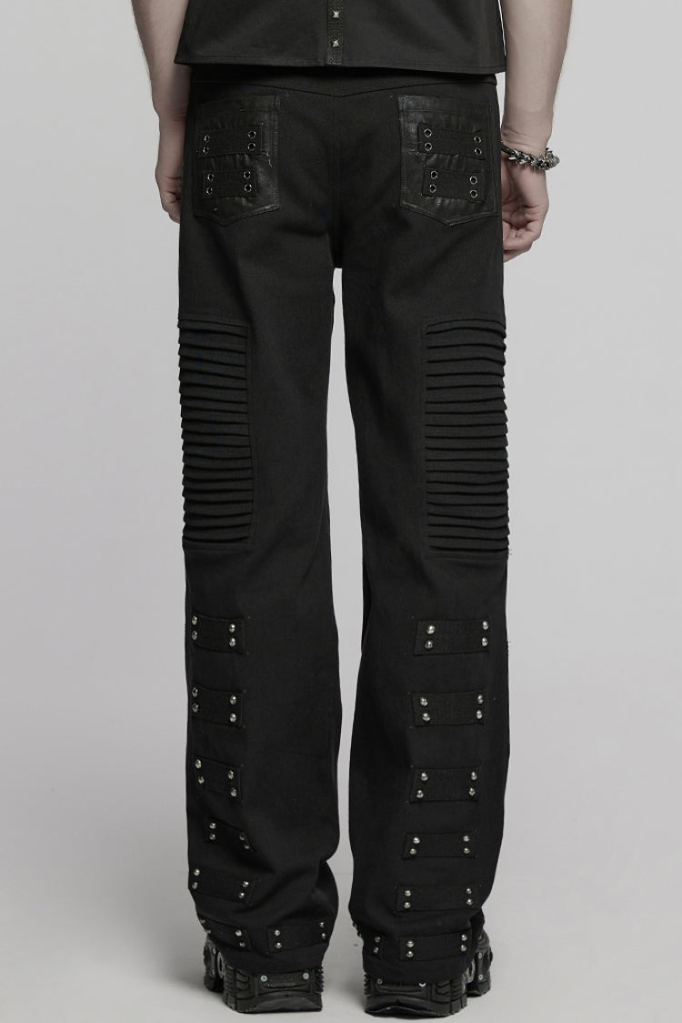 Black Pleated Faux Leather Stitching Men's Punk Straight Pants - Product - 3