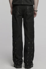 Black Pleated Faux Leather Stitching Men's Punk Straight Pants - Product - 3