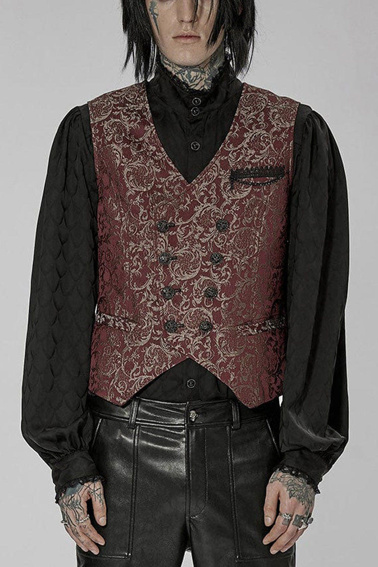 Red Punk Gorgeous V Neck Asymmetrical Relief Sculpture Jacquard Double Row Hand Seam Button Men's Vest - Red - 1