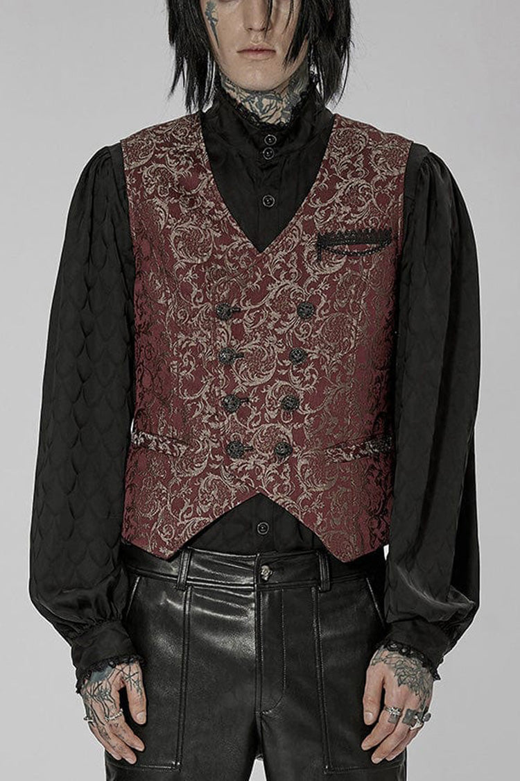 Red Punk Gorgeous V Neck Asymmetrical Relief Sculpture Jacquard Double Row Hand Seam Button Men's Vest - Red - 1