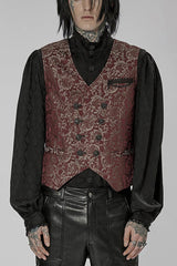 Red Punk Gorgeous V Neck Asymmetrical Relief Sculpture Jacquard Double Row Hand Seam Button Men's Vest - Red - 1
